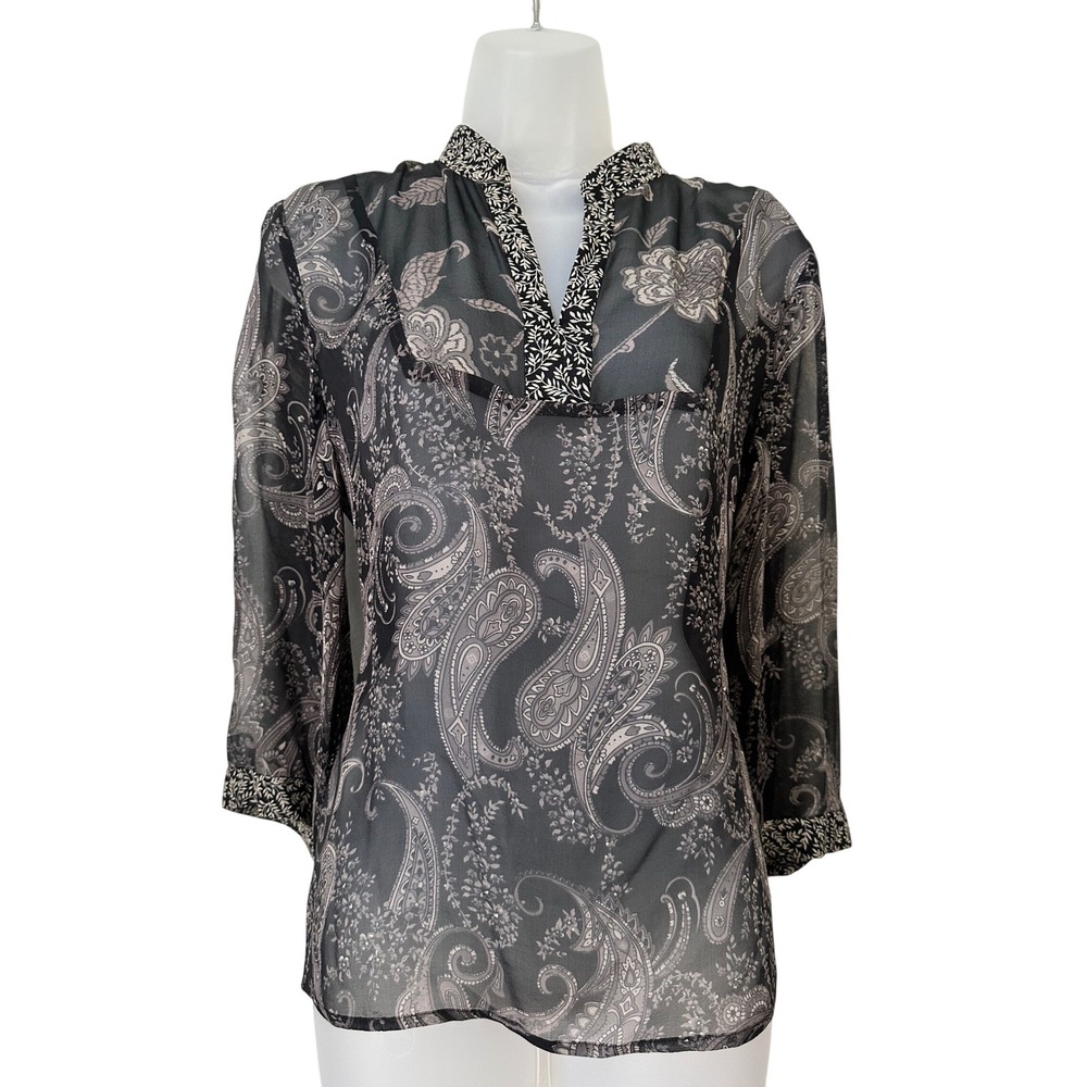 Spenser Jeremy  100% Silk Paisley‎ V-Neck Blouse Black Grey Medium 3/4 Sleeve